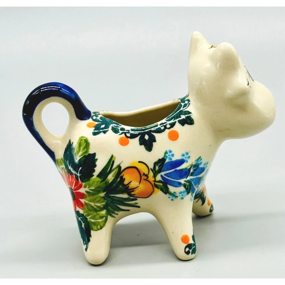 Polish Pottery Cow Creamer Creamer Cornflowers Butterfly Boleslawiec